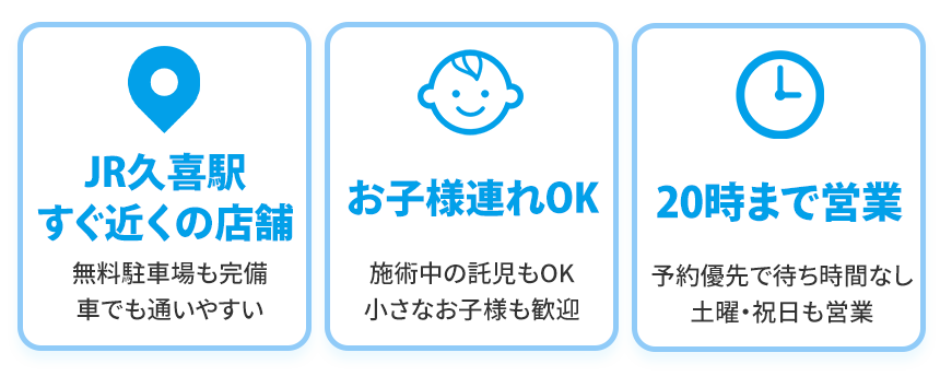 JR久喜駅すぐ近く・駐車場完備・お子様連れOK・夜20時まで営業・土曜、祝日も営業